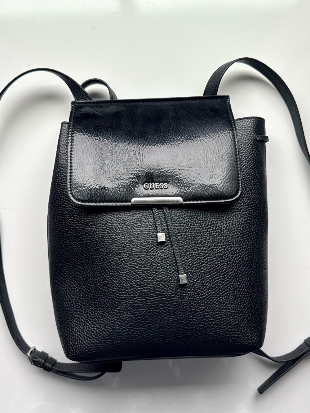 Guess Varsity Black Pebbled Leather Drawstring Backpack Adjustable Strap